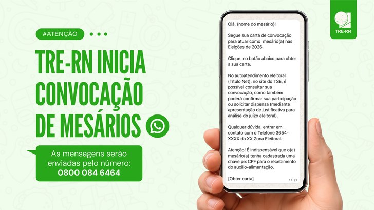 Eleições 2026: TRE-RN inicia convocação de mesários por número exclusivo de WhatsApp para evitar&nbsp;fraudes